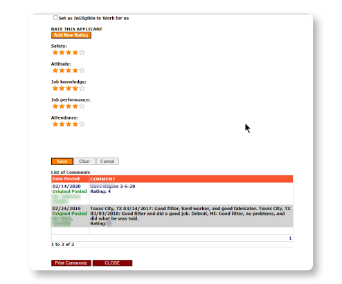 CraftWRX worker performance rating and evaluation screen
