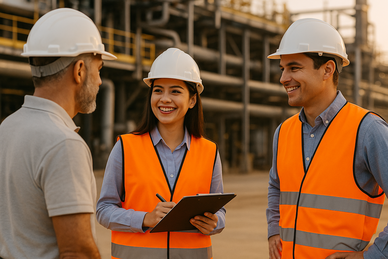 Field workers and a supervisor coordinating at an industrial job site