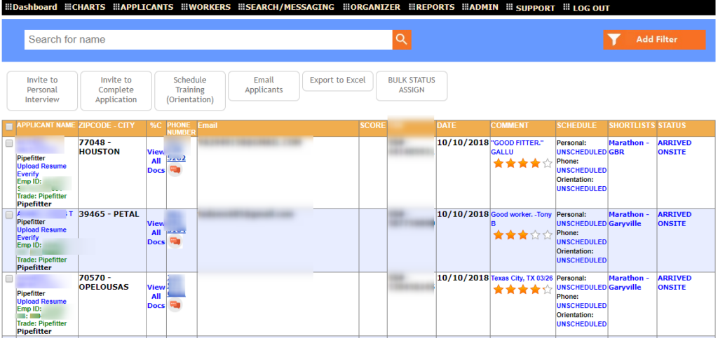 CraftWRX applicant management dashboard showing applicant details, contact information, comments, and status updates