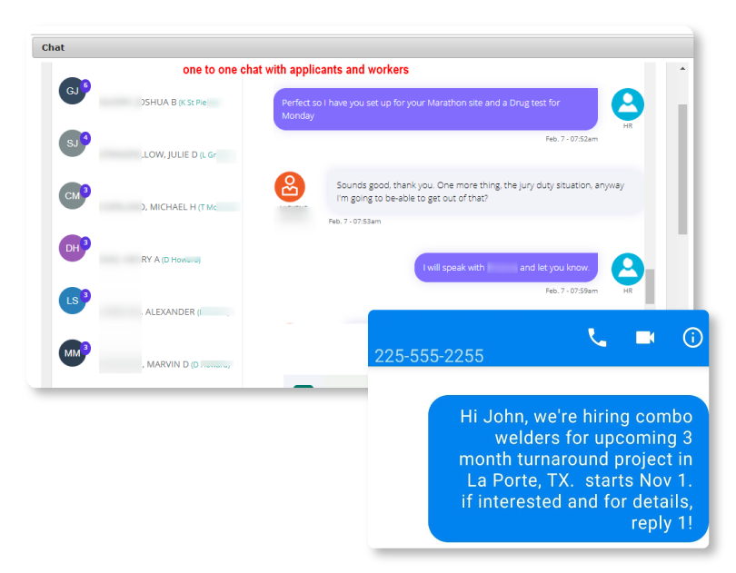CraftWRX HR dashboard showing one-on-one chat with applicants and SMS recruitment message to workers