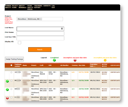 CraftWRX software interface showing employee training records, job roles, and certification status